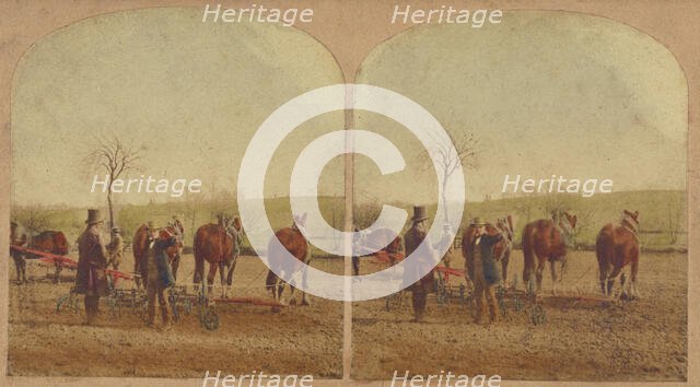 Two men in field with an agricultural machine hooked up to a team of horses, about 1865. Creator: Unknown.