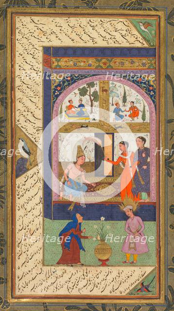 Folios A and B from the "Five Treasures" (Panj Ganj) of Jami, 1520-1607. Creator: Mushfiq (Indian); others (Indian), and.