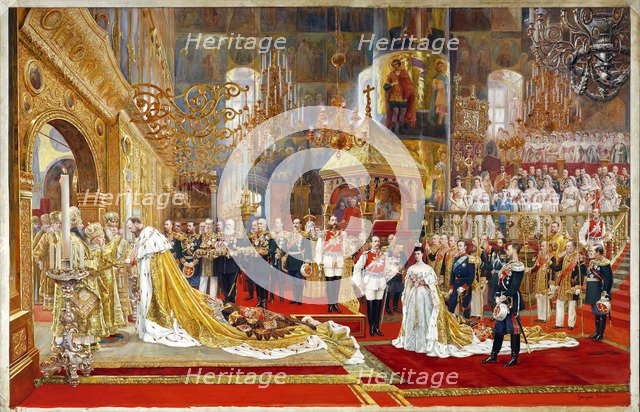 Coronation of Empreror Alexander III and Empress Maria Fyodorovna, 1883-1888. Artist: Becker, Georges (1845-1909)