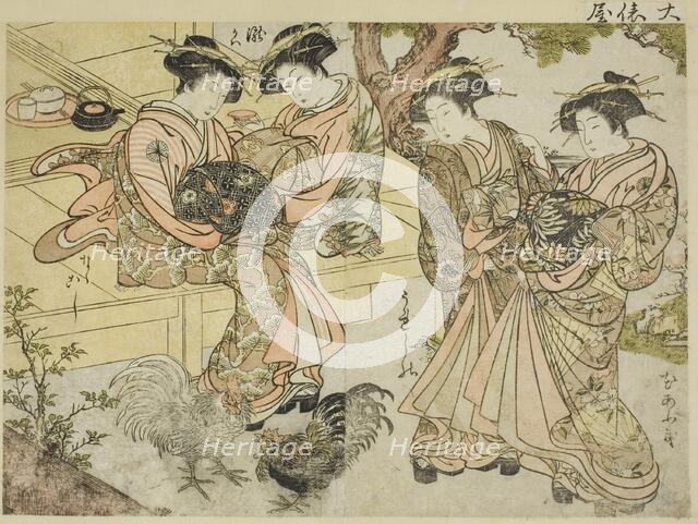 Courtesans of Ogiya, from the book "Mirror of Beautiful Women of the Pleasure Quarters..., 1776. Creator: Shunsho.