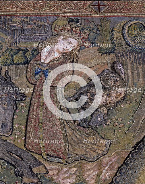 Frontal of Saint George, in linen embroidered fabric, years 1450-1451, detail of the captive prin…