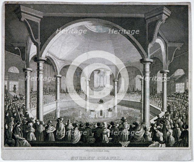 Interior view of Surrey Chapel with a service taking place, Southwark, London, c1815. Artist: J Wilmshurst