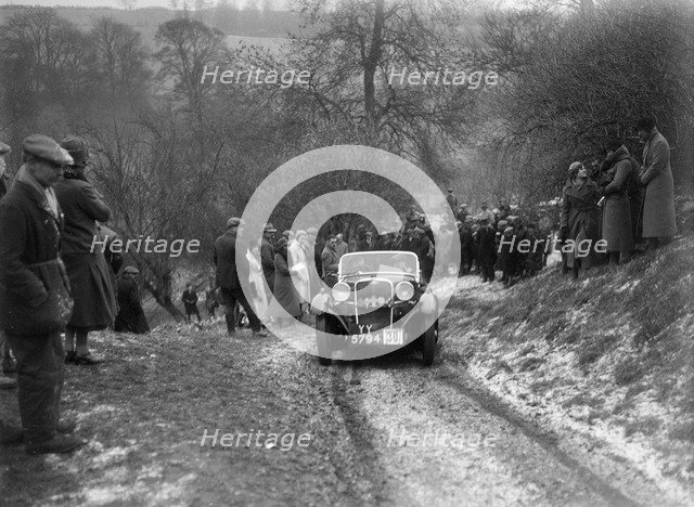 Singer of W Writer competing at the Sunbac Colmore Trial, Gloucestershire, 1933. Artist: Bill Brunell.