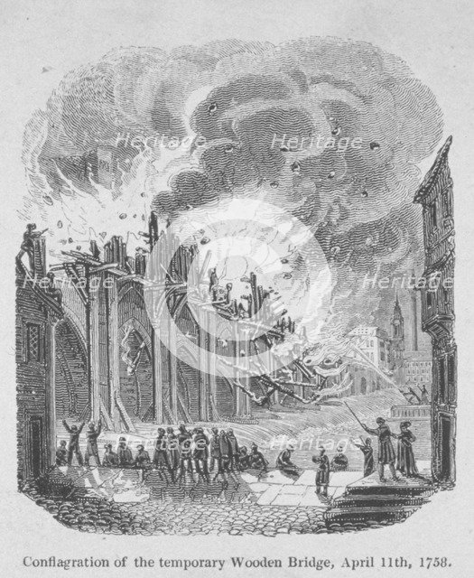 Fire on London Bridge, 1758. Artist: Anon