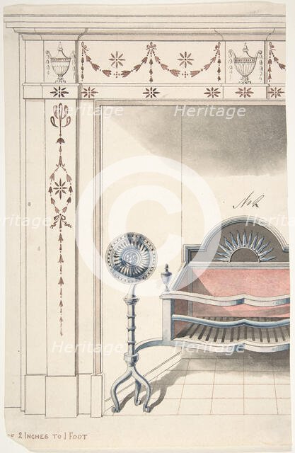 Fireplace and Grate Design with Sunflower Andirons, 19th century. Creator: Anon.