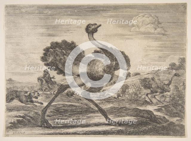 Ostrich hunt, from 'Animal hunts' (Chasses à différents animaux), ca. 1654. Creator: Stefano della Bella.