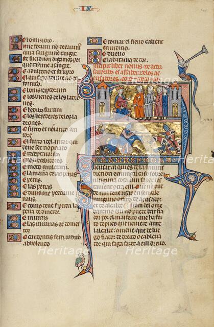 Initial N: A King Speaking to Four Men and A Joust between Two Knights; Vidal Mayor, about 1290-1310 Creator: Unknown.