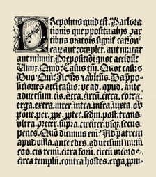 Text page of the Donato Grammar from 4th century, printed by Gutenberg in 1460. Wood engraving fr…