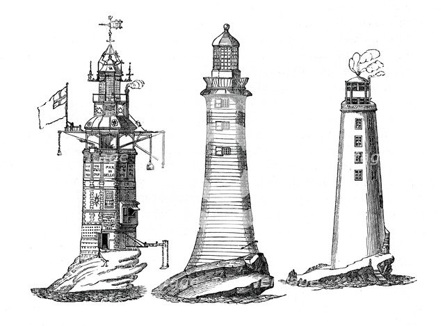 Winstanley, Smeaton and Rudyerd lighthouses, (1833). Artist: Unknown