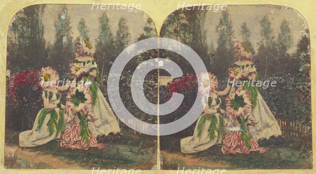 Three women dressed as \flowers\, about 1860. Creator: Unknown.