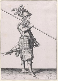A soldier carrying his pike at the slope, from the Lansquenets series, plate 11,..., published 1608. Creator: Robert Willemsz de Baudous.