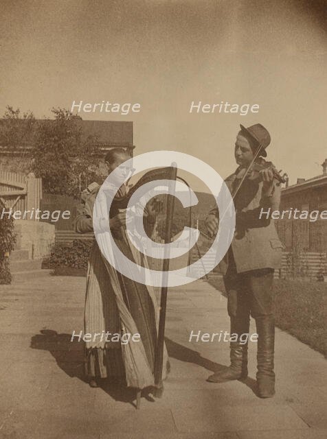 Street musicians with a harp and violin in the upper yard of Dom Smith, Vladivostok, Russia, (1899?) Creator: Eleanor Lord Pray.