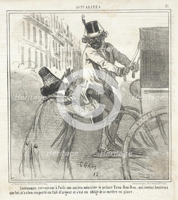 Soulouque, retrouvant à Paris son ancien ministre le prince Trou-bon-bon; qui, moine heureux...,1859 Creator: Cham.