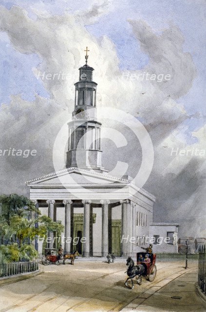 View of St Pancras New Church with carriages on Euston Road, London, 1855. Artist: W Guest