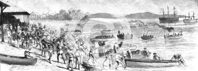 'Coaling Stations in the East; HMS"Nelson" and the French man-o-war "Decres", 1890. Creator: Unknown.