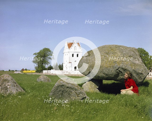 The dolmen and the Church of Skegrie, Scania, Sweden. Artist: Göran Algård
