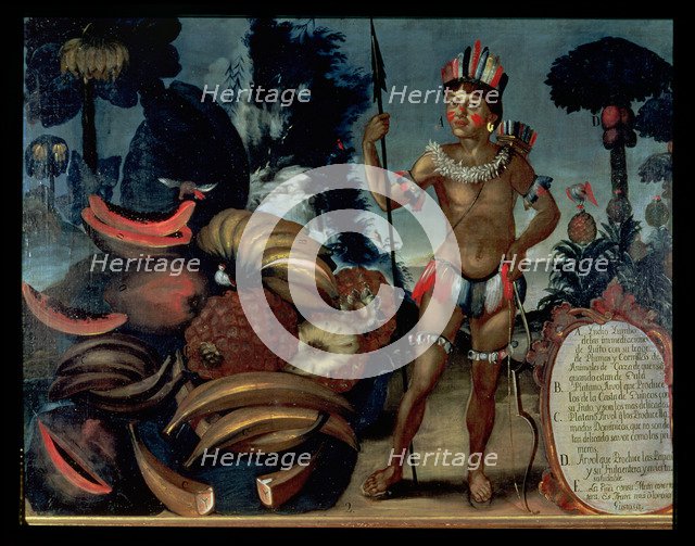 Yumbo Indian from the vicinity of Quito with various fruits and trees, oil from the 18th century.