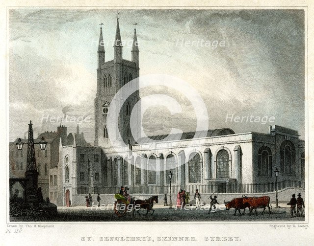 St Sepulchre's Church, Skinner Street, City of London, c1830.Artist: S Lacey
