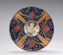 Small flat plate with border of cornucopias, scrollwork, and lozenges..., probably c.1515/1525. Creator: Giorgio Andreoli workshop.