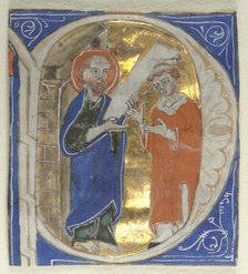 Historiated Initial Excised from a Bible: St. Paul and a Cleric, 1200s. Creator: Unknown.