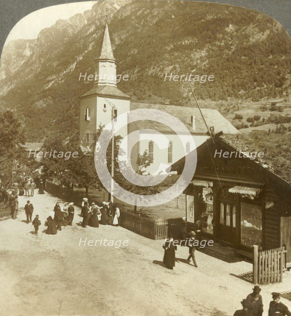'Families and neighbors on a summer Sunday morning at village church, Odde, Norway', c1905. Creator: Unknown.