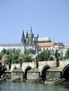 The Charles Bridge the castle and St Vitus Cathedral, Prague, Czech Republic