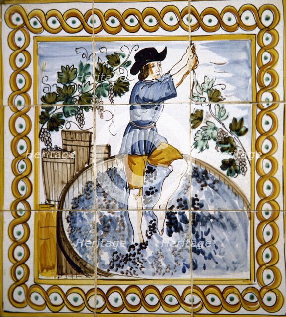 Pressing wine, azulejo (ceramic tile), Catalonia, Spain, 2002. Creator: Unknown.