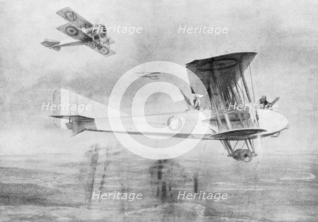 Three-seated aeroplane on a photographic mission, protected by a Spad fighter aircraft, 1918 (1926).Artist: Etienne Cournault