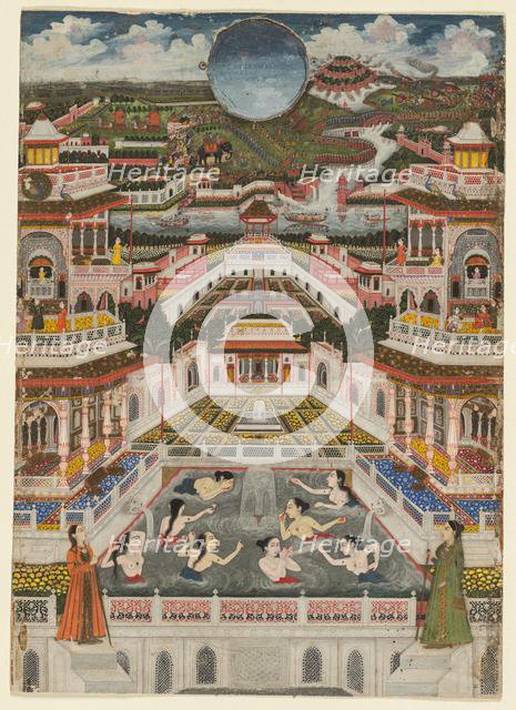 Women bathing before an architectural panorama, c. 1765. Creator: Fayzullah (Indian, active c. 1730-1765).