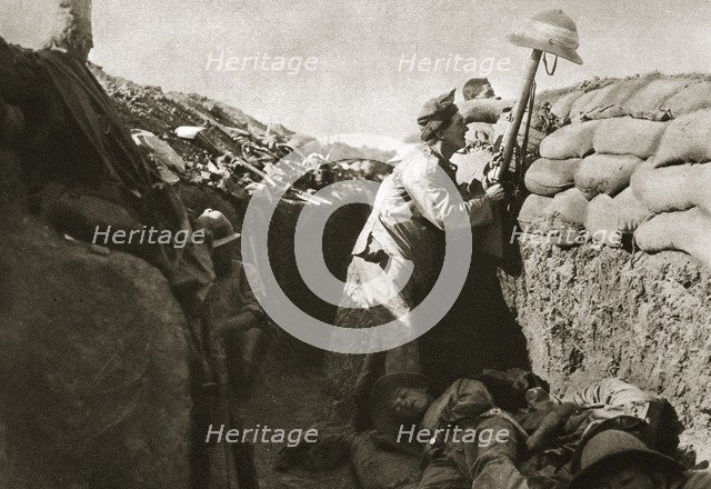 A Royal Irish Fusilier teases a Turkish sniper, Gallipoli, Turkey, World War I, c1915-c1916. Artist: Unknown