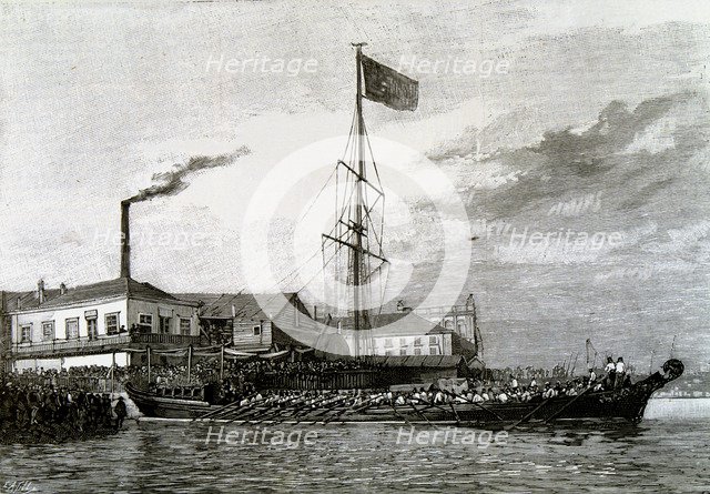 Revolution of 1889, arrival of the dethroned king Don Pedro de Lisboa, engraving in l'Illustration.