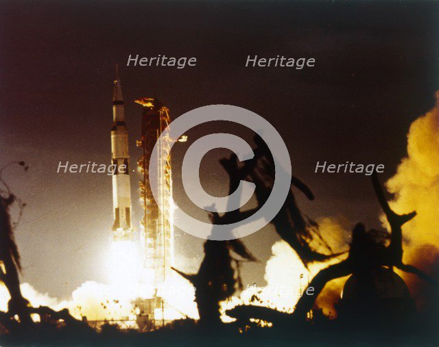 Saturn V rocket lifting off, Kennedy Space Center, Merritt Island, Florida, USA. Creator: NASA.