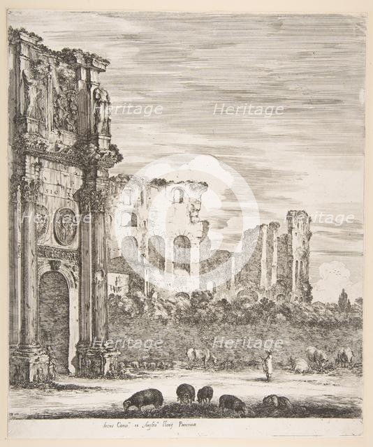 Arch of Constantine and Colosseum with sheep grazing in foreground, from 'Six large views..., 1656. Creator: Stefano della Bella.