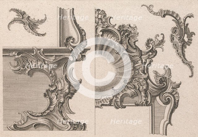 Suggestion for the Decoration of Lower Right and Top Right of a Framel, Pla..., Printed ca. 1750-56. Creator: Jeremias Wachsmuth.