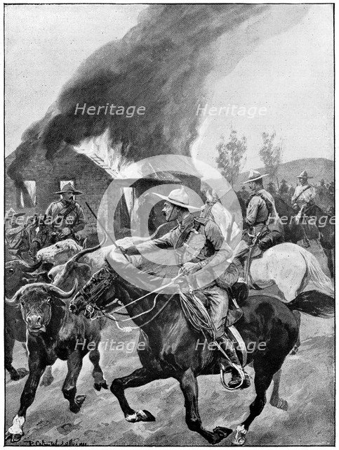 British colonial troops burning a rebel Boer's farm, 2nd Boer War 1899-1902. Artist: Unknown