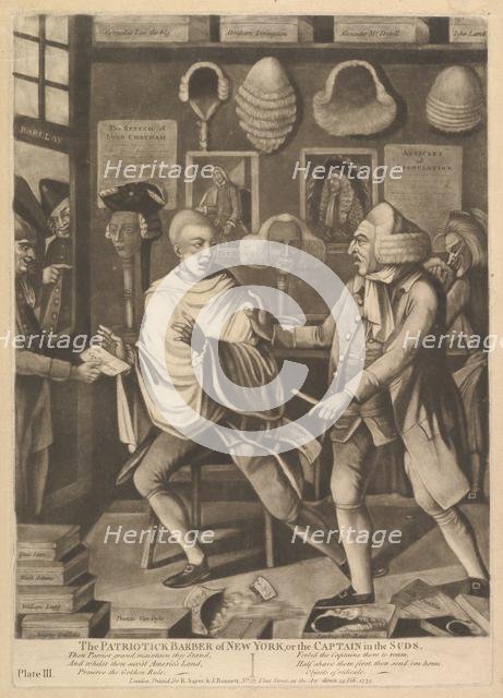 The Patriotick Barber of New York, or the Captain in Suds, February 14, 1775. Creator: Attributed to Philip Dawe (British, 1745?-?1809).