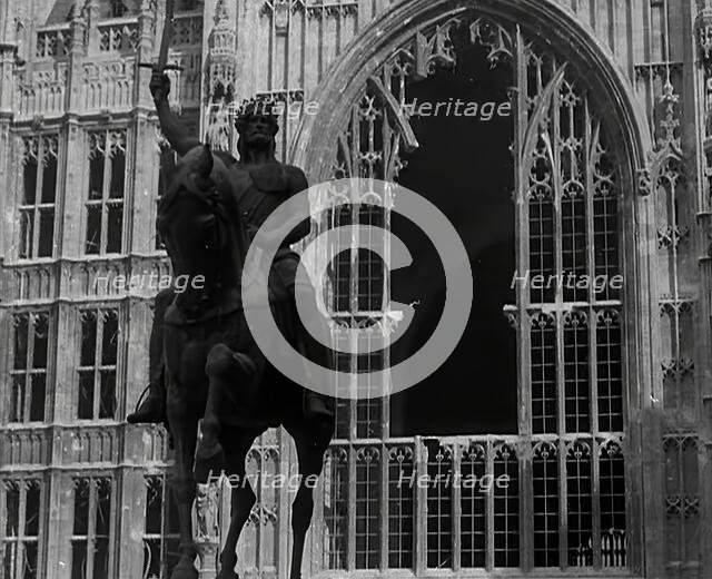 The Palace of Westminster and the Statue of Richard the Lionheart, Damaged by German Bombing, 1941. Creator: British Pathe Ltd.