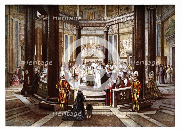 Pontifical ceremonies. Baptism of new converts in San Juan de Letrán. Color engraving from 1871.