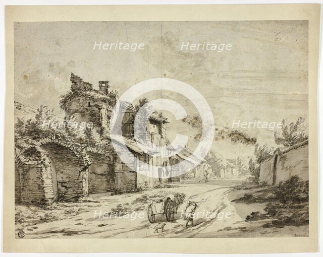 Horse, Cart and Peasants on Road by Old Houses, n.d. Creator: Pieter Mulier the younger.