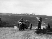 Motorcycle and sidecar competing in a motoring trial, Bagshot Heath, Surrey, 1930s. Artist: Bill Brunell.