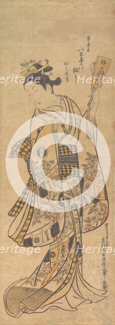 Yaoya O Shichi Standing, Holding a Love Letter and a Battledore, ca. 1748., ca. 1748. Creator: Okumura Masanobu.