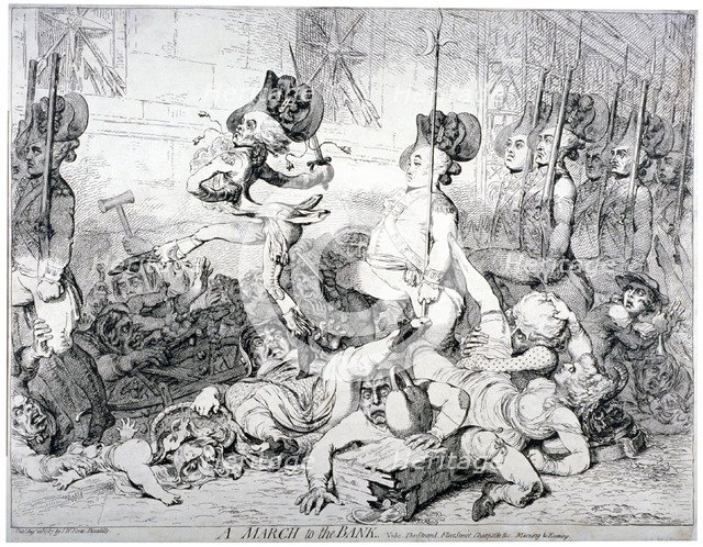 'A march to the Bank, vide the Strand, Fleet Street, Cheapside &c morning & evening', 1787.          Artist: James Gillray