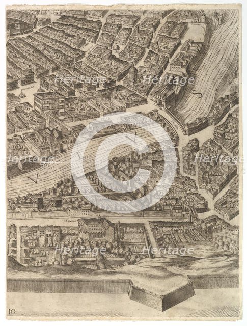 Plan of the City of Rome. Part 10 with the Tiber and the Villa Farnesina, 1645. Creator: Antonio Tempesta.