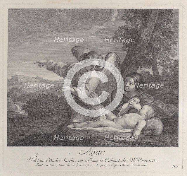 The angel appearing to Hagar in the wilderness as she folds her hands next to the sleep..., 1700-28. Creator: Charles-Louis Simonneau.