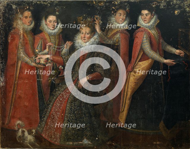 Portrait of five women with a dog and parrot, .