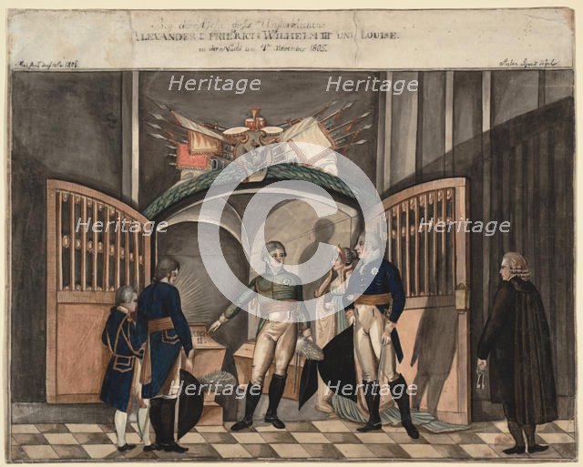 Near the ashes of Frederick the Great. Tsar Alexander I, King Frederick William III and Louise of Pr Artist: Vogel, Anton Ignaz (active ca. 1800)