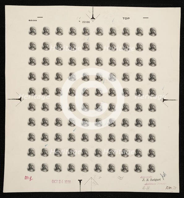 $5 Calvin Coolidge vignette plate proof, 1938. Creator: Bureau of Engraving and Printing.