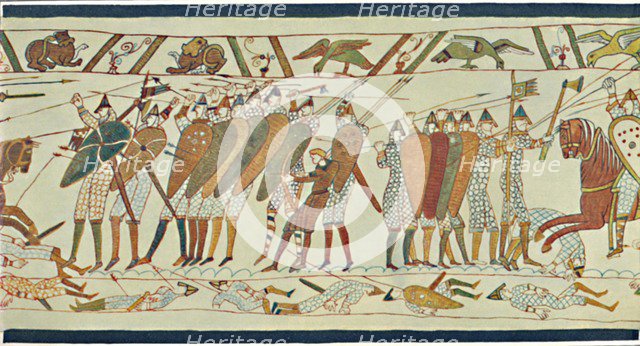 'The Beginning of the Battle of Senlac (Bayeux Tapestry)', c15th century, (1902). Artist: Unknown.
