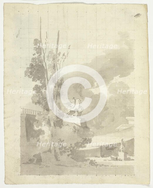 View of the Park at Versailles: Terrace, Trees and Equestrian Statue, n.d. Creator: Pierre Antoine Mongin.