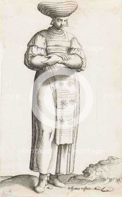 Costume Plate: Hispania Rustica mul. (with label on ground), ca. 1557-58. Creator: Enea Vico.